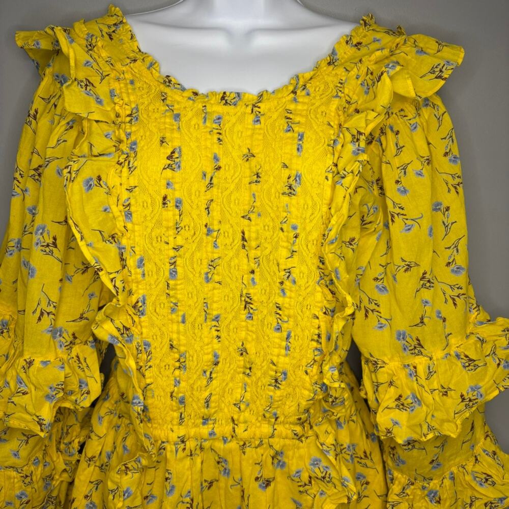 Happy Nature Yellow Floral Ruffle Romantic Boho Hippie Country Dress Womens Sz L - Picture 2 of 6